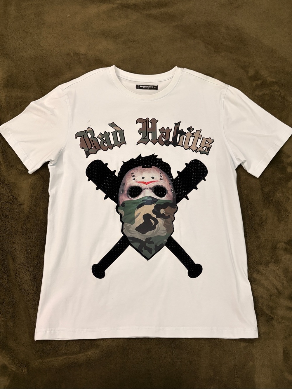 Bad Habit White Tee with Camo Skull & Black Bat Cross